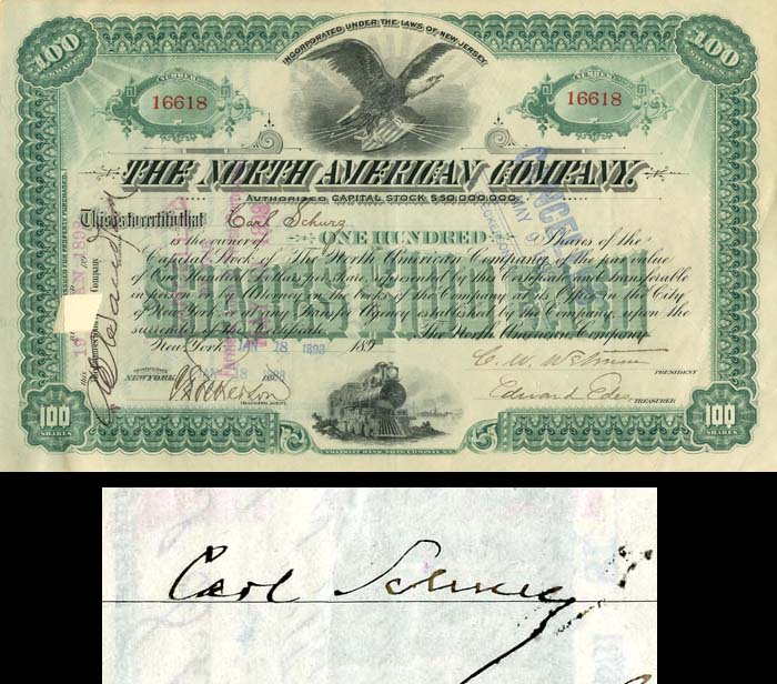 North American Co. signed by Carl Schurz - Stock Certificate